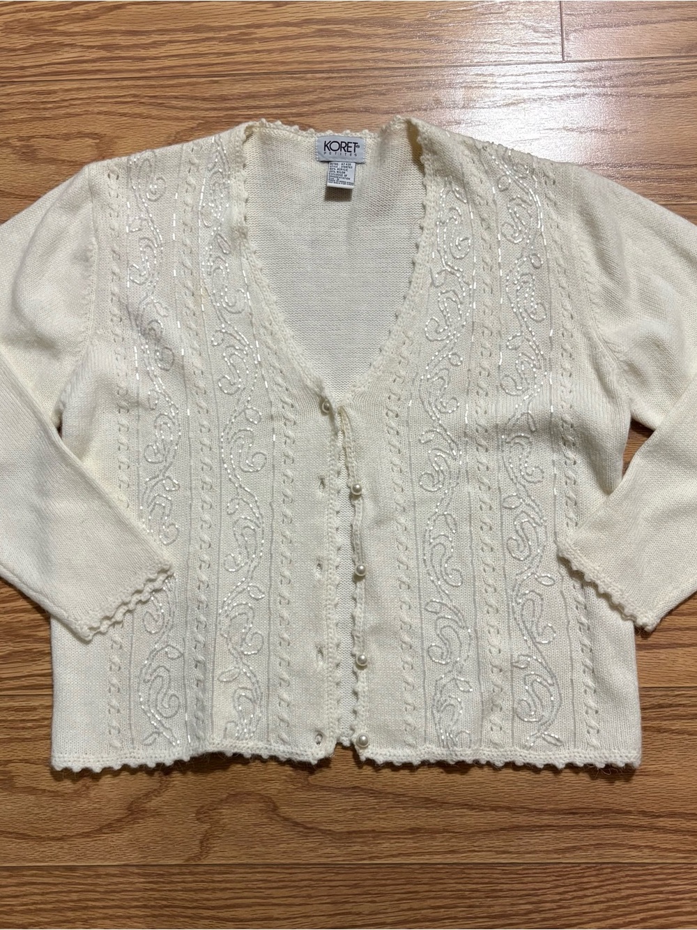 Koret Petites Ivory White Cardigan Beaded Sweater Women’s Small Grannycore